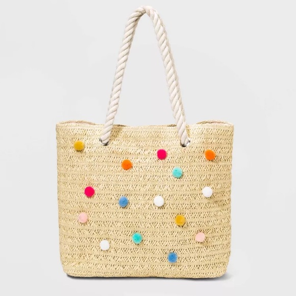 Cat & Jack Beach Straw Bag Rope Handle with Pom Poms New with Tags - Picture 4 of 4